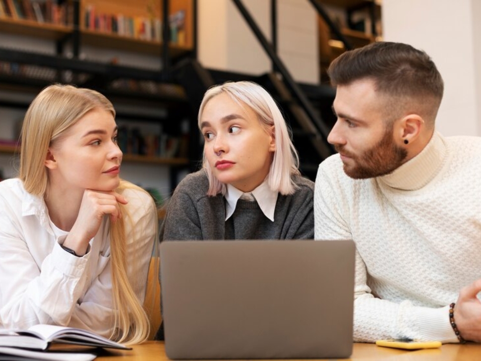 Three young adults, two women and one man, sitting at a laptop at the office, having a conversation.